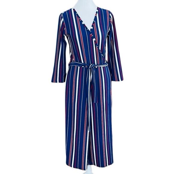 NWOT Derek Heart striped wide crop leg  wrap style jumpsuit size M. - Picture 1 of 7